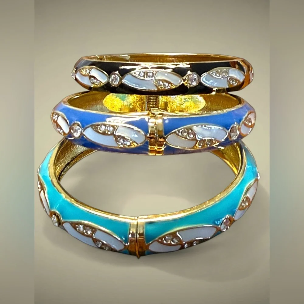 Gold Plated Black & Blue enamel Bangle Set-3pc - Picture 1 of 6